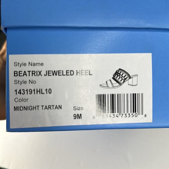 Jack Rogers Beatrix Bejeweled Plaid Block Heel Sandal Navy Green Size 9 New - Picture 13 of 14